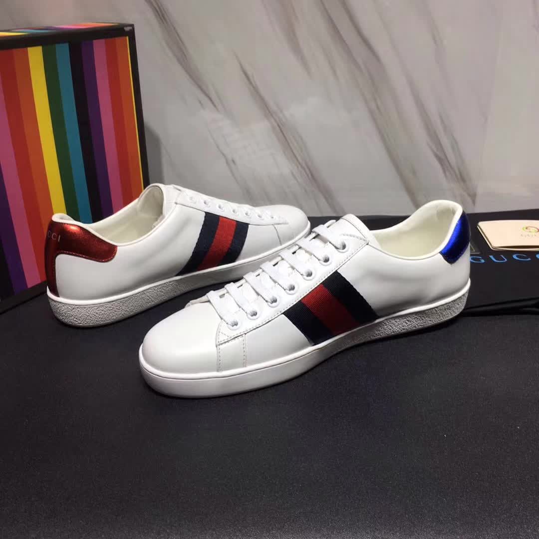 Gucci Unisex Ace Embroidered Leather Sneaker Shoes Style-White