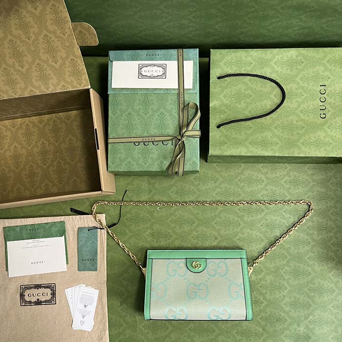 Gucci Women Ophidia Jumbo GG Small Shoulder Bag Beige Green Mint Canvas