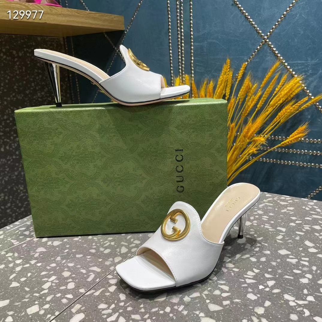 Gucci Women GG Blondie Slide Sandal White Leather Metallic Mid Heel 6.6 Cm Heel