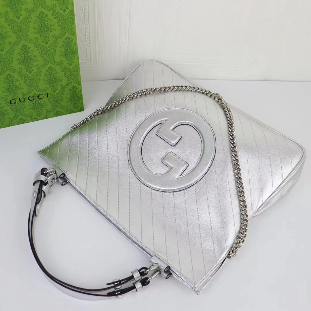 Gucci Unisex Blondie Medium Tote Bag Silver Lamé Leather Round Interlocking G