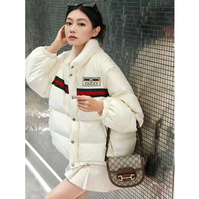 Gucci Women GG Padded Nylon Bomber Jacket Web White Goose Down Detachable Sleeves High Neck
