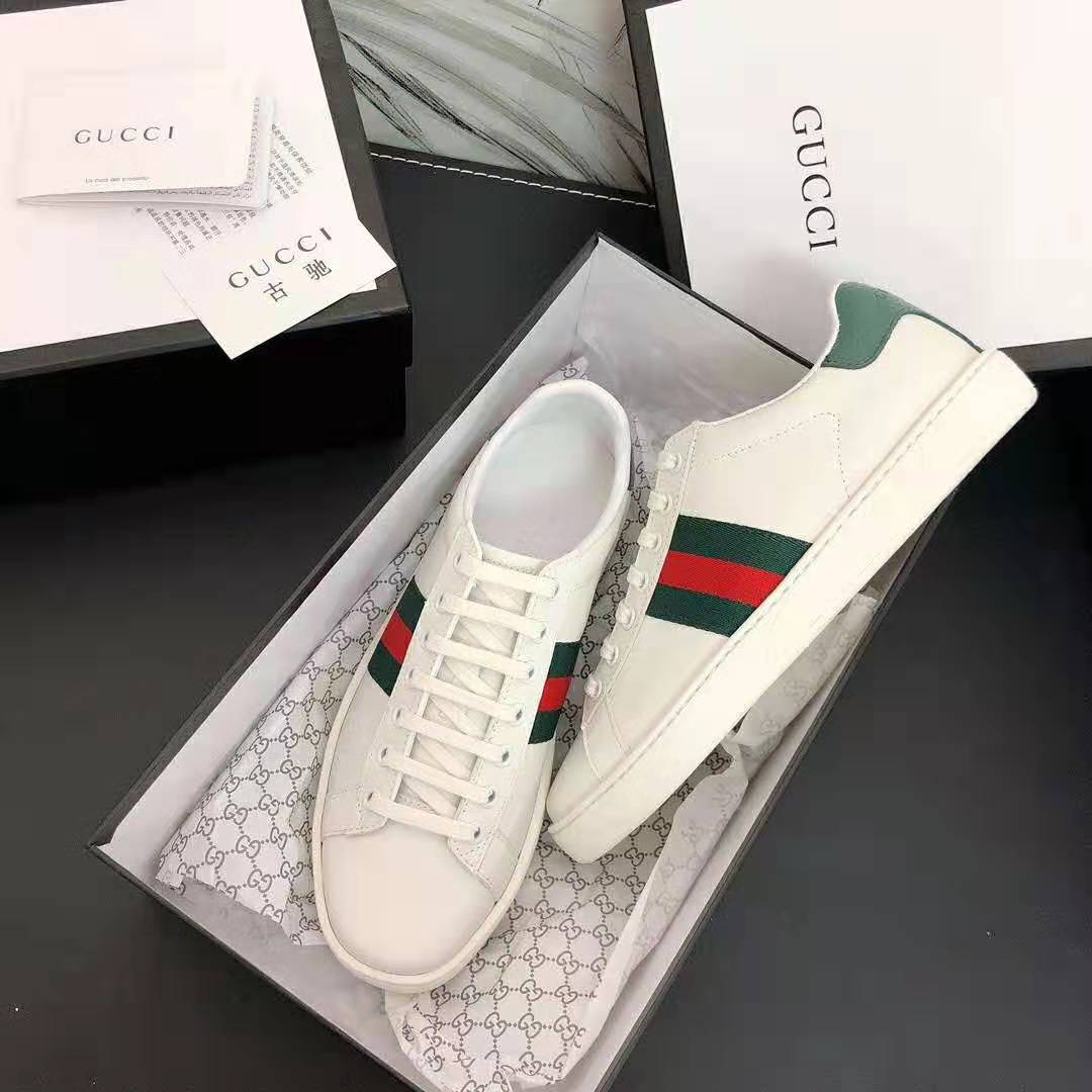 Gucci Unisex Ace Leather Sneaker White Leather with Green Crocodile Detail