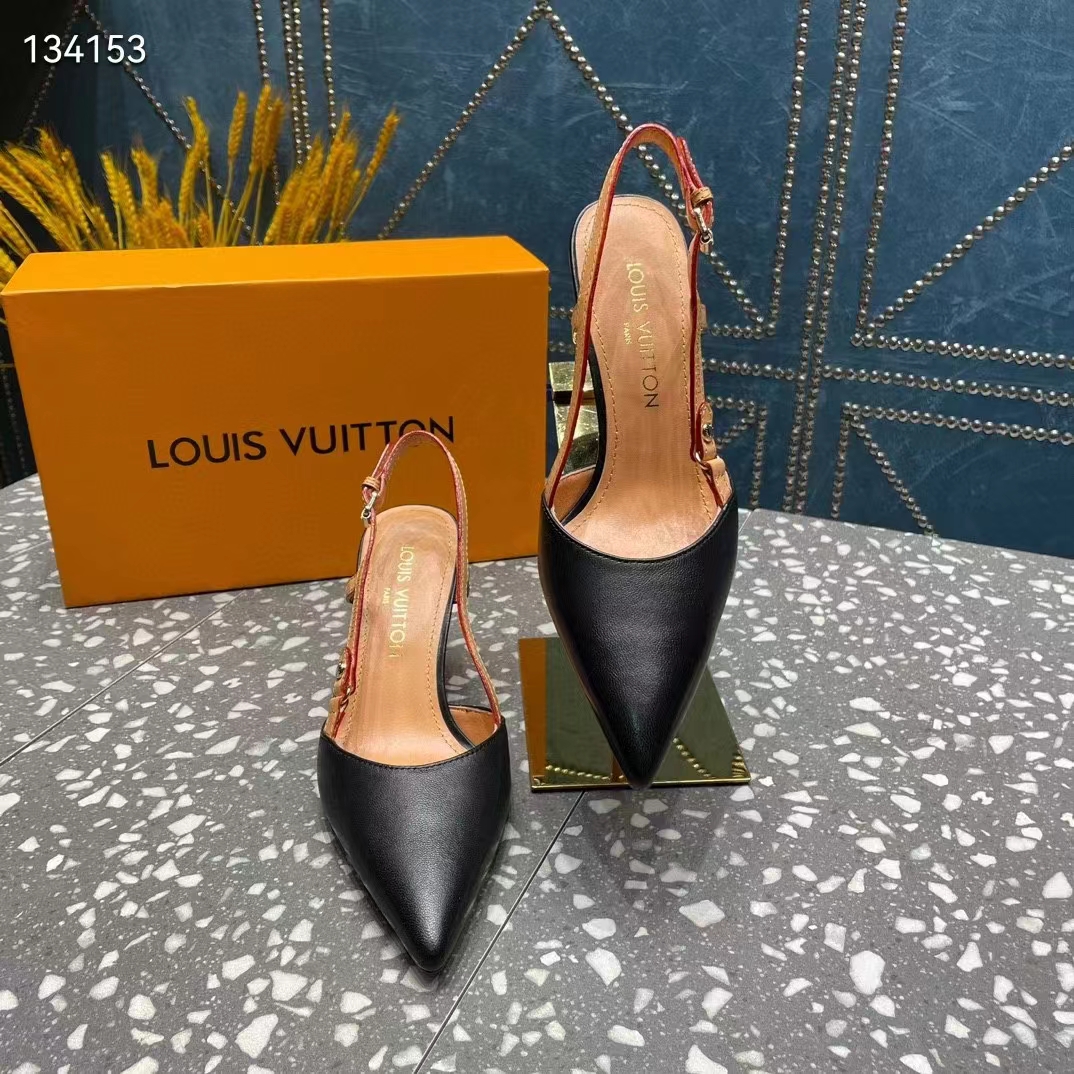 Louis Vuitton LV Women Blossom Slingback Pump Black Lambskin Strap Natural Cowhide Leather