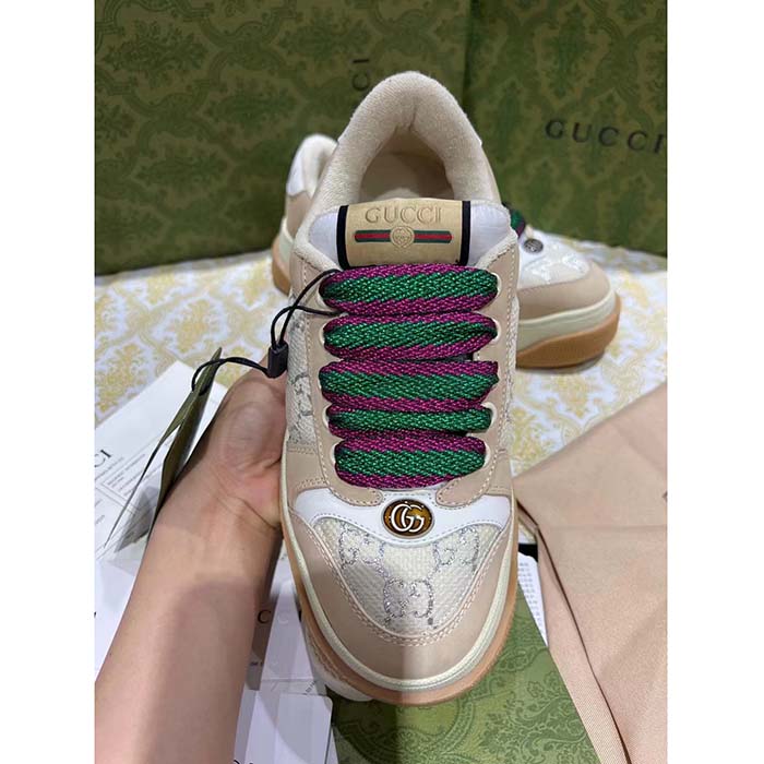 Gucci Unisex Screener Sneaker White GG Lamé Canvas Chunky Laces 4.8 CM Heel