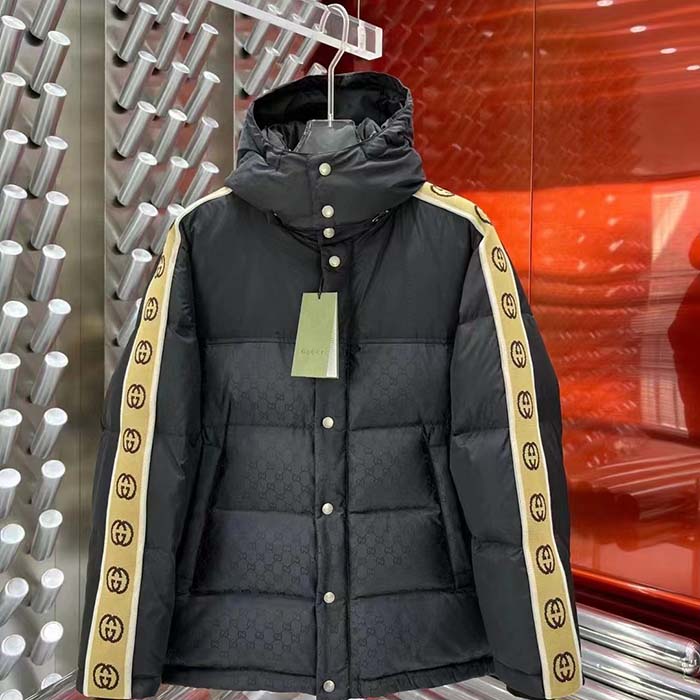 Gucci Women GG Black Jacquard Nylon Padded Coat Camel Brown Interlocking G Stripe Down Goose Feather