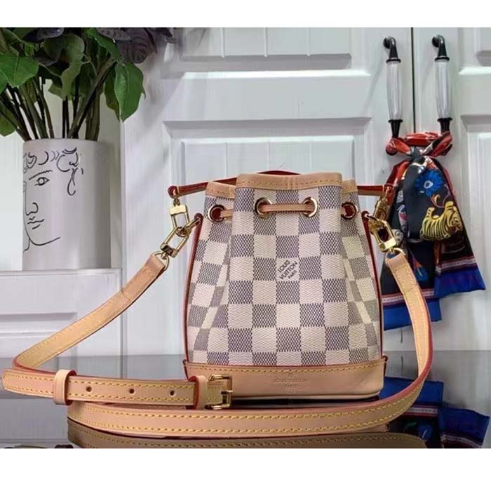 Louis Vuitton LV Women Nano Noé Bucket Bag Dragon Fruit Pink Damier Azur Coated Canvas
