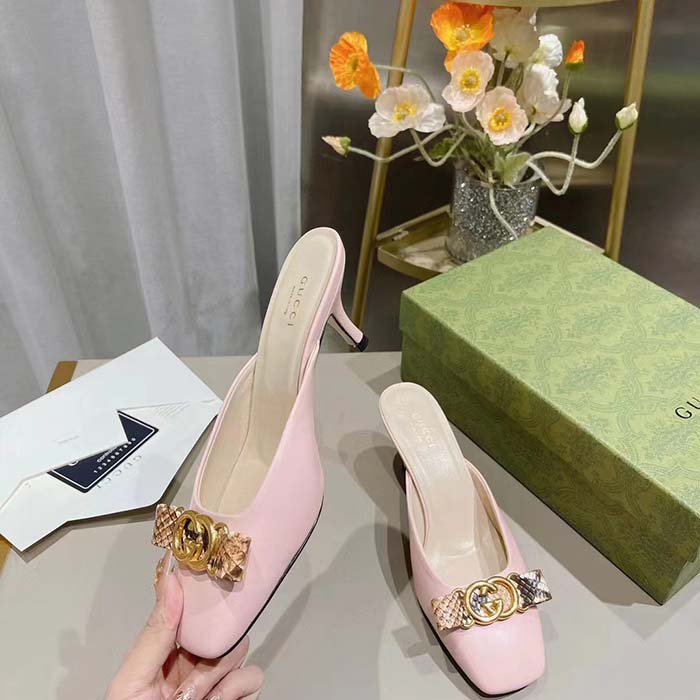 Gucci Women GG Interlocking G Mule Pink Leather Square Toe Leather Mid-Heel