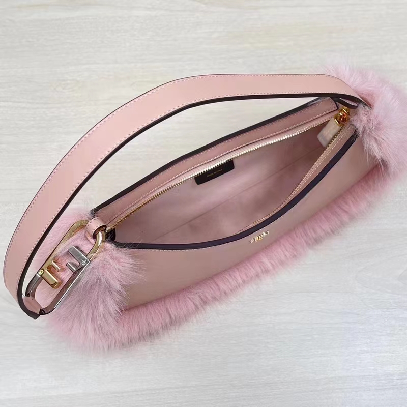 Fendi Women FF O’Lock Swing Pale Pink Leather Fox Fur Pouch