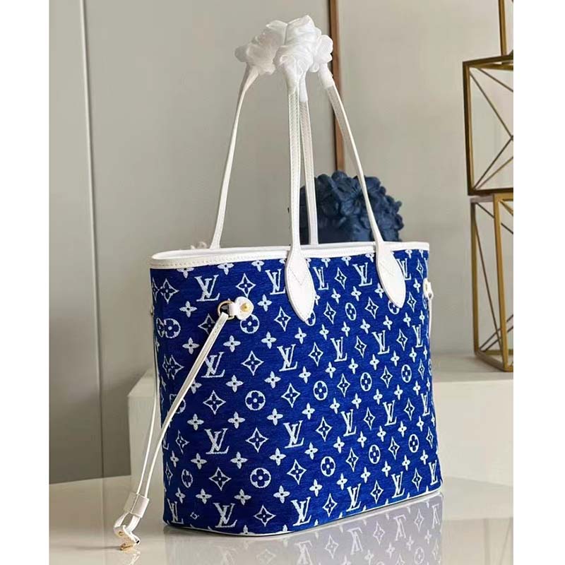 Louis Vuitton Women Neverfull MM Tote Blue Monogram Jacquard Velvet Cowhide Leather