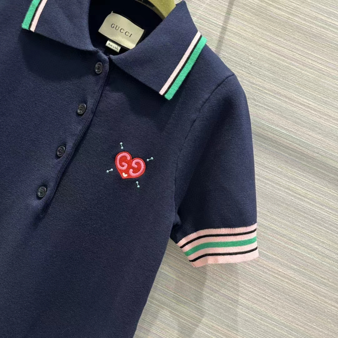 Gucci Women Fine Knit Dress Embroidery GG Heart Point Collar