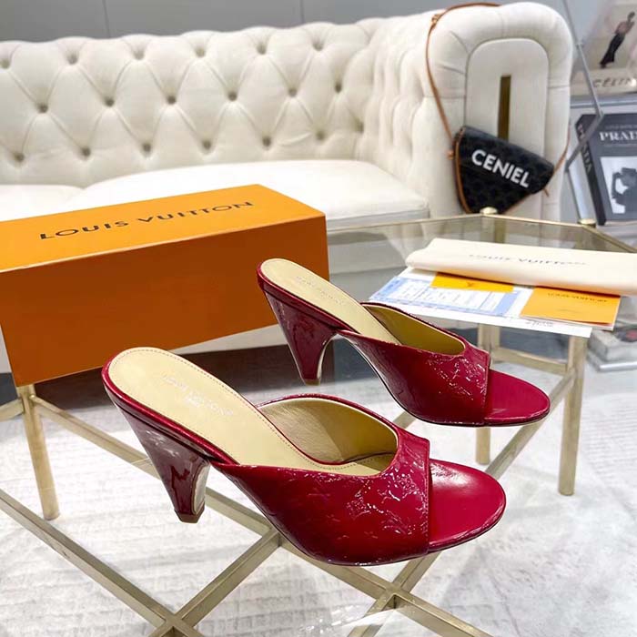 Louis Vuitton LV Women Super Mule Red Monogram-Debossed Patent Calf Leather 10 CM Heel