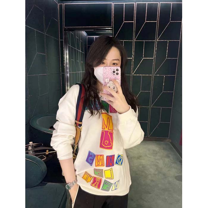 Gucci Women GG Cotton Jersey Sweatshirt Crewneck Rib Cotton Long Sleeves