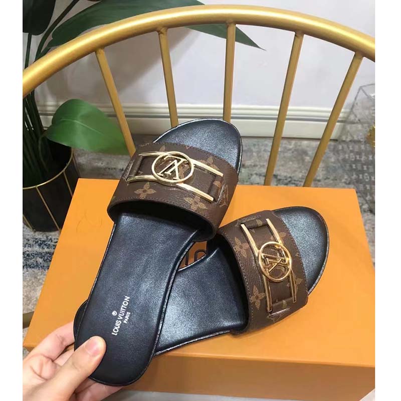 Louis Vuitton Unisex Lock It Flat Mule Brown Patent Monogram Canvas Leather Outsole