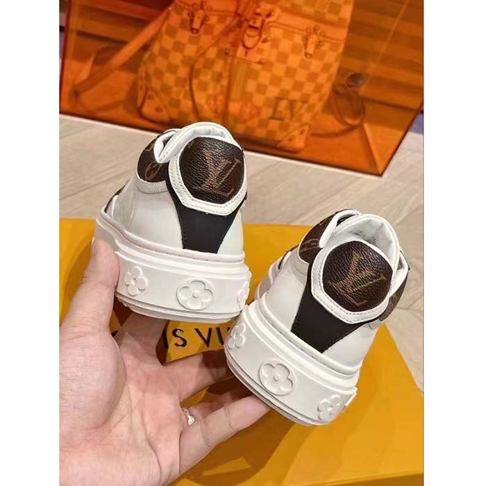 Louis Vuitton Unisex LV Time Out Sneaker White Calf Leather Patent Monogram Canvas