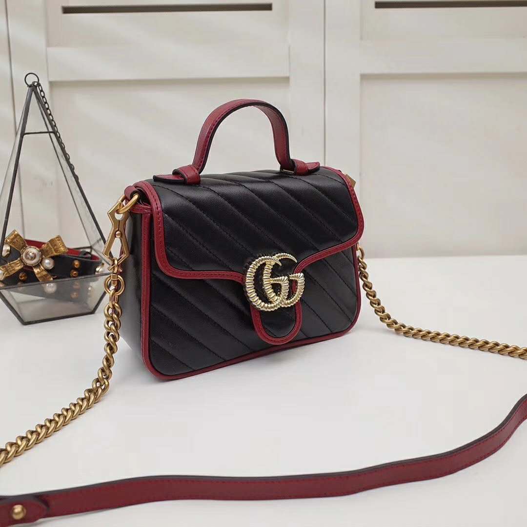 Gucci GG Women GG Marmont Mini Top Handle Bag in Black Diagonal Matelassé Leather