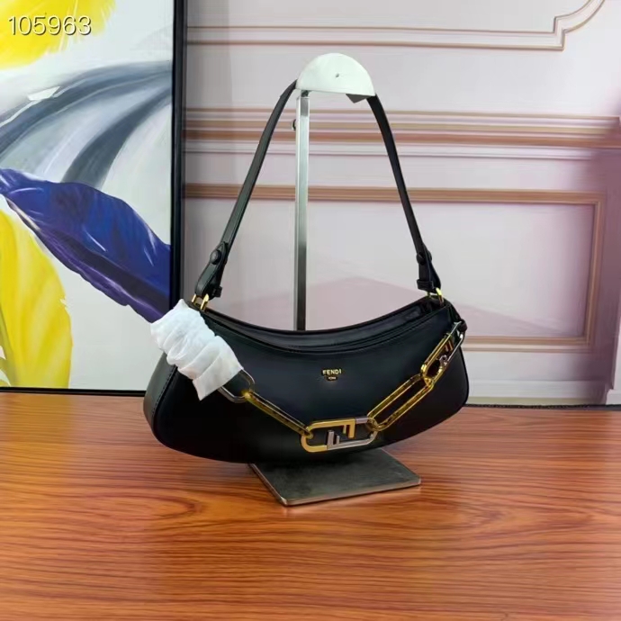 Fendi Women FF O’Lock Swing Mint Black Leather Pouch