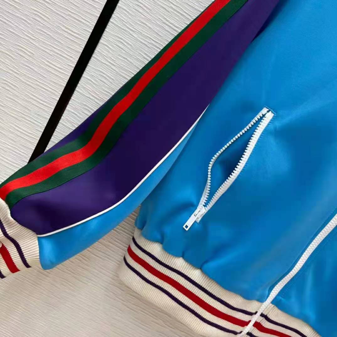 Gucci Women Technical Jersey Zip-Up Jacket with Web Interlocking G-Blue
