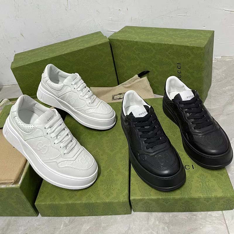 Gucci Unisex GG Embossed Sneaker White Smooth Leather Lace Up Flat