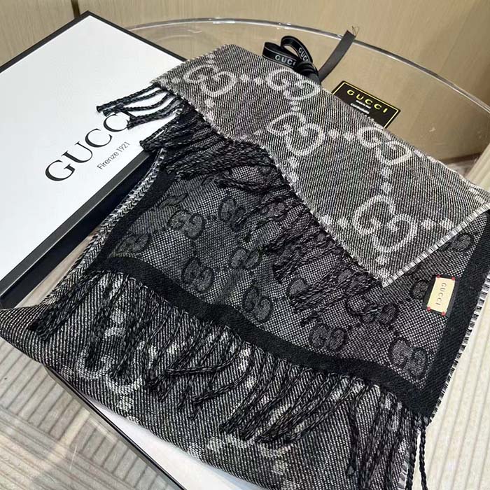 Gucci Unisex GG Jacquard Knit Scarf Tassels Grey Black Wool