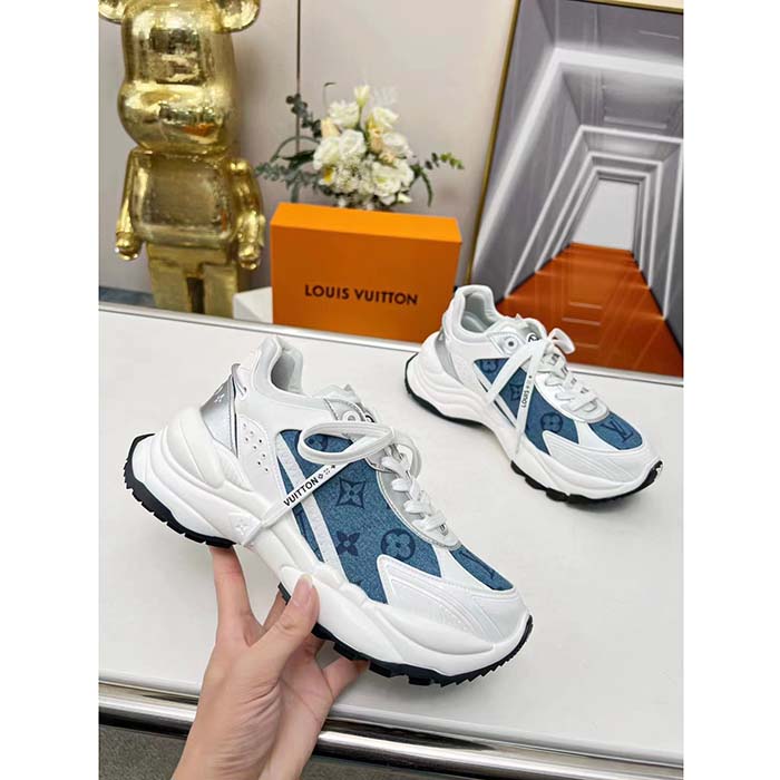 Louis Vuitton LV Unisex Run 55 Sneaker Denim Blue Monogram Denim Lifted Rubber