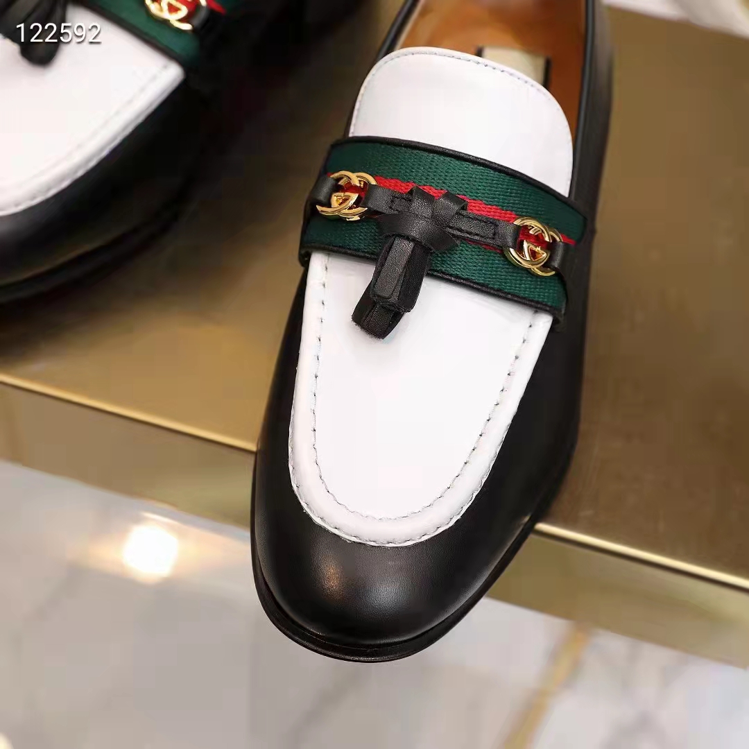 Gucci Unisex GG Loafer Web Interlocking G White Black Leather Green Red Web
