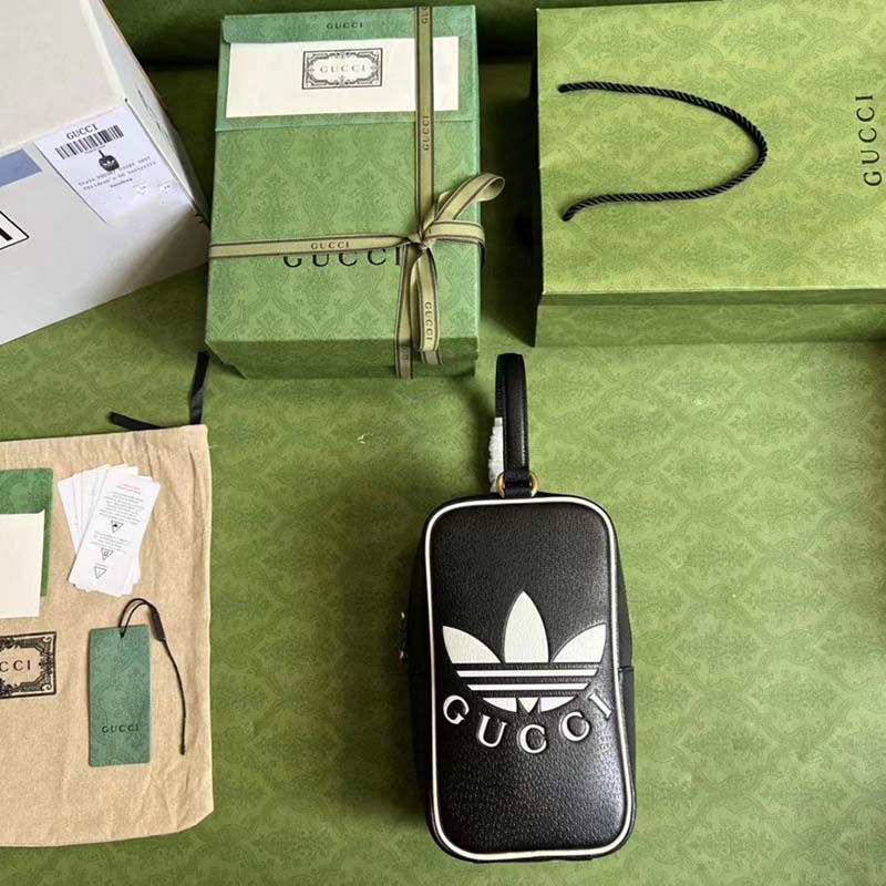 Gucci Unisex Adidas x Gucci Mini Top Handle Bag Black Leather GG Trefoil Print