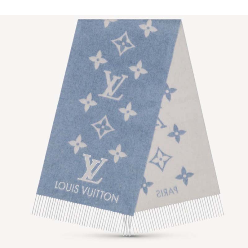 Louis Vuitton LV Unisex Studdy Reykjavik Scarf Denim Blue Allover Monogram Jacquard Weave