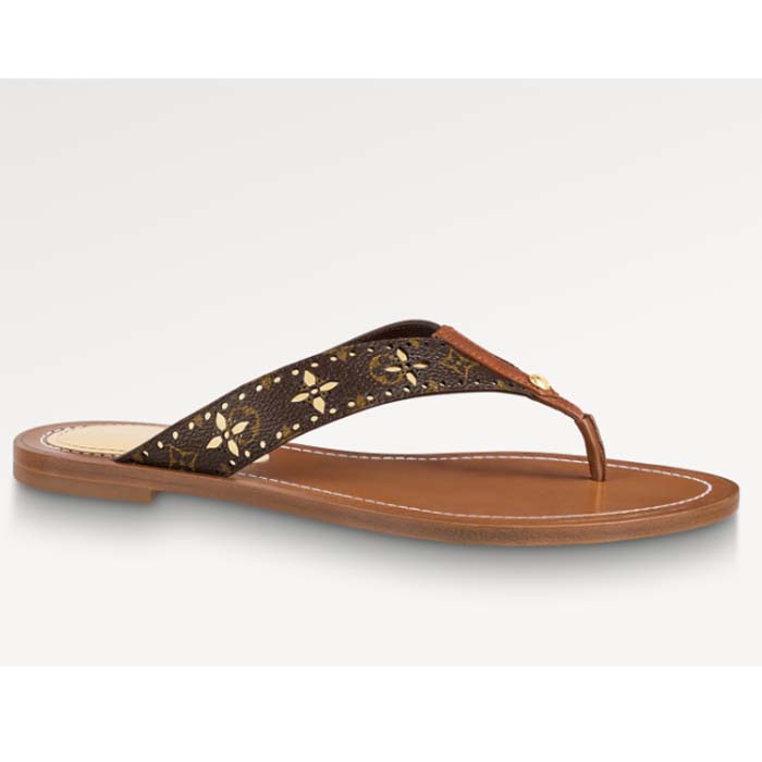 Louis Vuitton LV Sunny Flat Thong Gold Perforated Monogram Canvas Leather Outsole