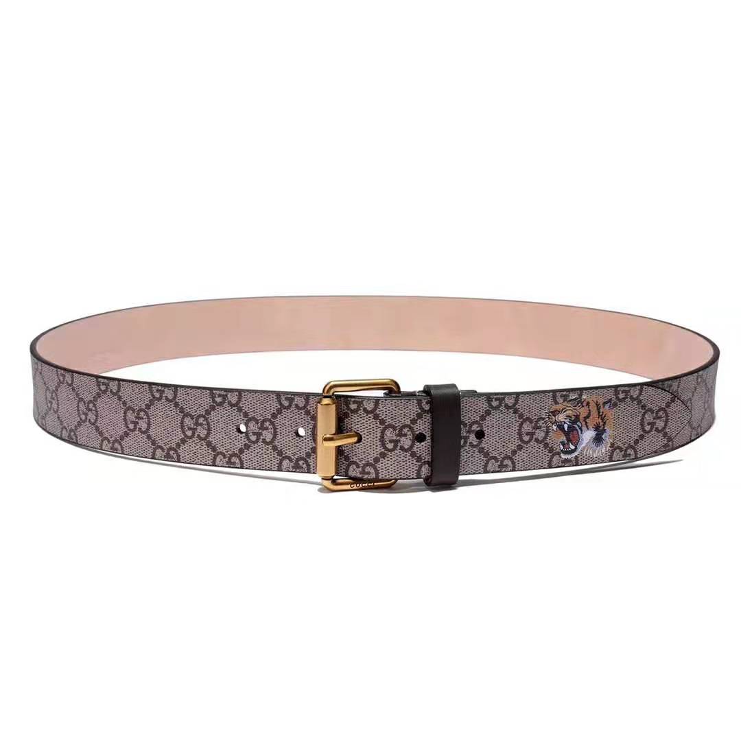 Gucci Unisex Tiger Print GG Supreme Belt in Beige/Ebony GG Supreme Canvas