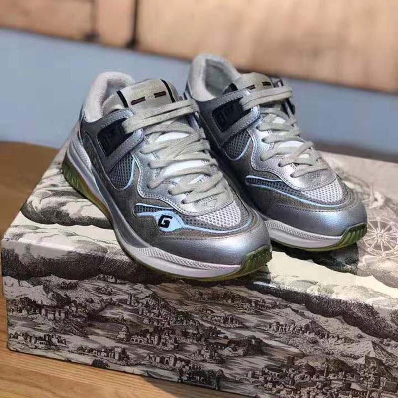 Gucci Unisex Ultrapace Sneaker with Embroidered Gucci and Interlocking G in Metallic Leather-Silver