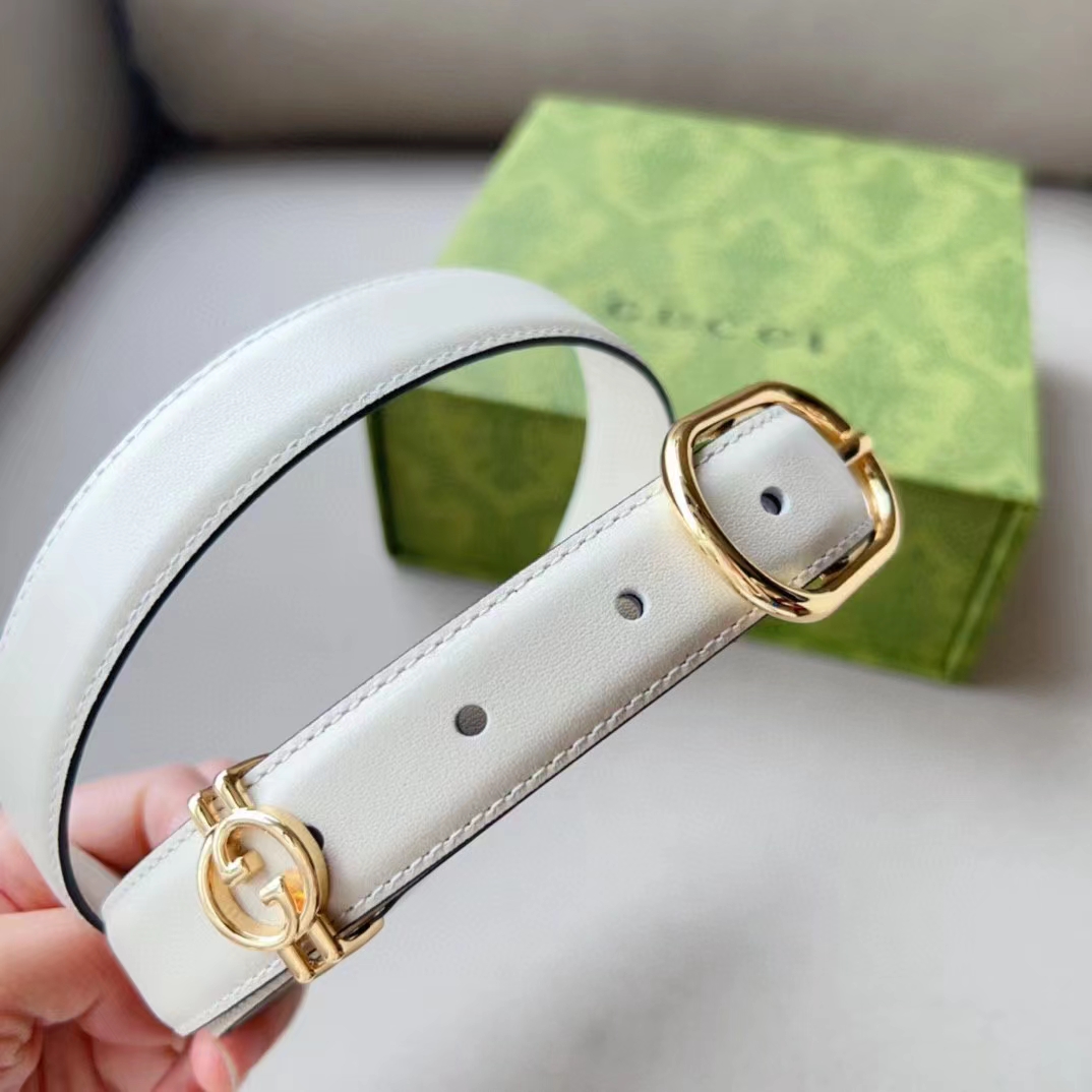 Gucci Unisex GG Belt Round Interlocking G White Leather Oval Buckle 2.3 CM Width