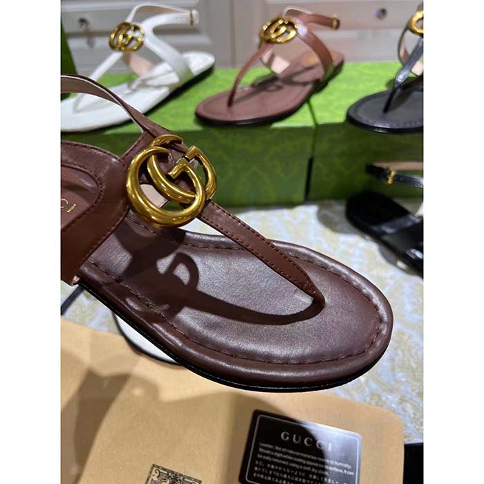 Gucci Women GG Double G Thong Sandal Brown Leather Flat 0.5 CM Heel