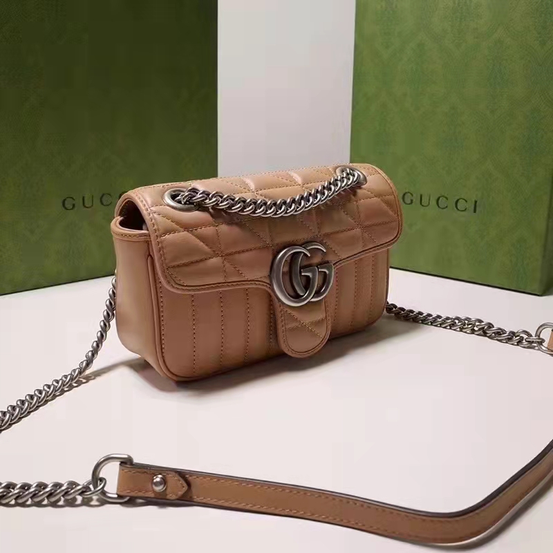 Gucci Women GG Marmont Small Shoulder Bag Beige Matelassé Leather Double G