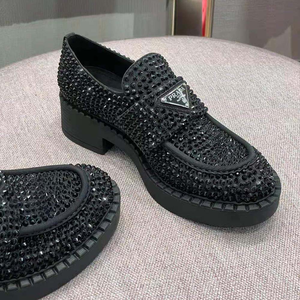 Prada Women Chocolate Satin Loafers with Crystals-Black