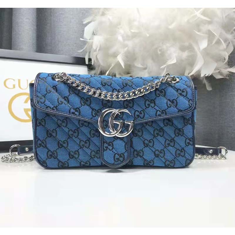 Gucci Women GG Marmont Multicolor Small Shoulder Bag Blue Double G