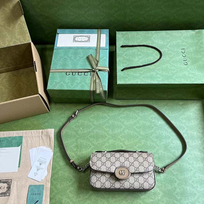 Gucci Women Petite GG Shoulder Bag Mini Beige Ebony GG Supreme Canvas Double G