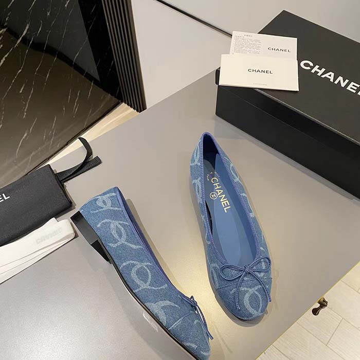 Chanel Women CC Ballet Flats Printed Denim Light Blue White