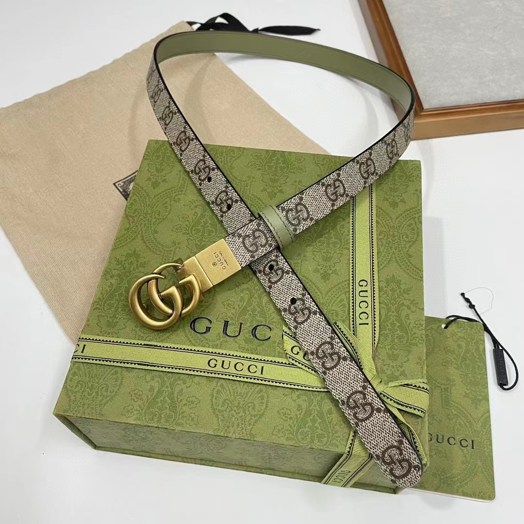 Gucci GG Unisex Marmont Reversible Thin Belt Beige Ebony GG Supreme Canvas