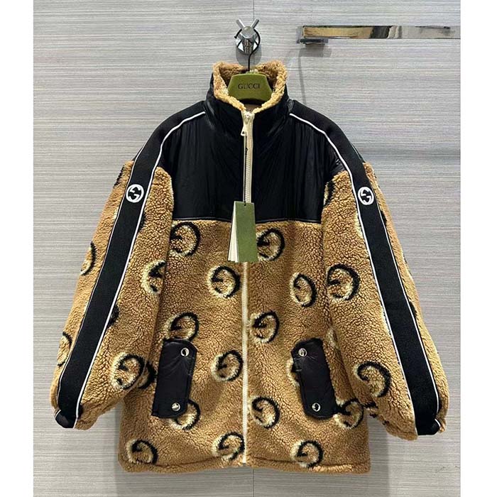 Gucci Women GG Wool Fleece Jacquard Zip Jacket Lined High Neck Dropped Shoulder Nylon Inserts