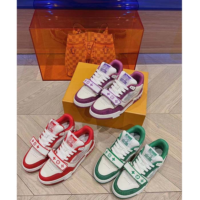 Louis Vuitton LV Unisex LV Trainer Sneaker Red Monogram Denim Rubber Outsole