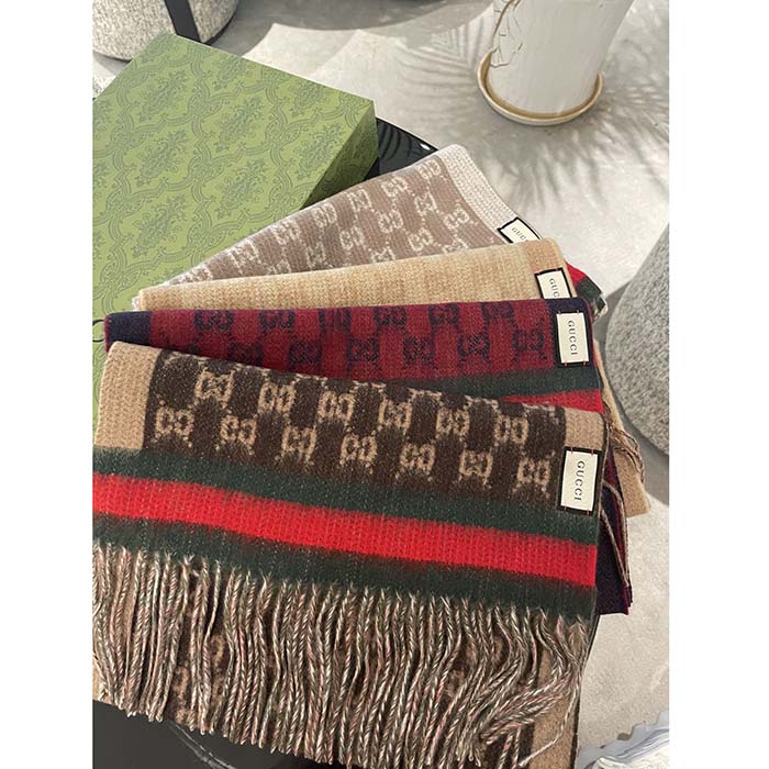 Gucci Unisex GG Jacquard Cotton Stole Red Blue Fringe