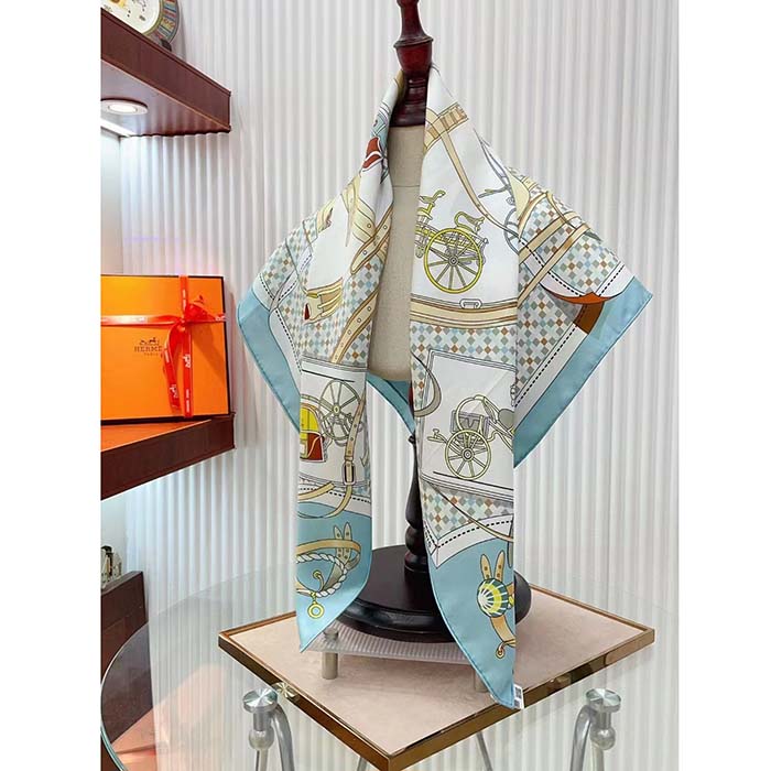 Hermes Women Les Voitures Nouvelles Scarf 70 Silk Bleu Beige