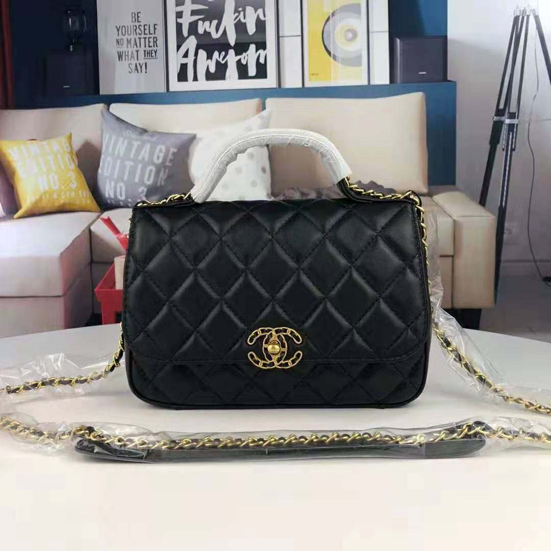 Chanel Women Flap Bag with Top Handle in Lambskin Leather