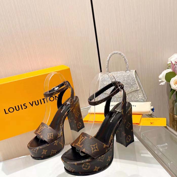 Louis Vuitton Women LV Fame Platform Sandal Brown Monogram Denim Leather 11.5 CM Heel