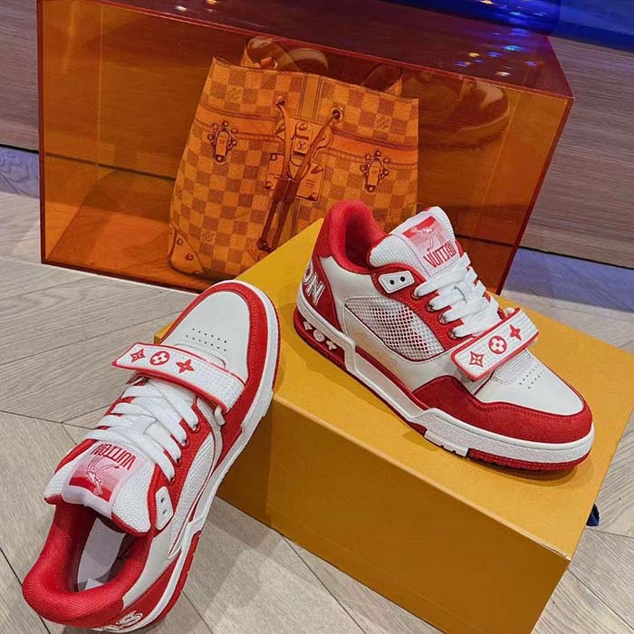 Louis Vuitton LV Unisex LV Trainer Sneaker Red Monogram Denim Rubber Outsole