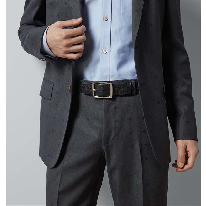 Gucci GG Unisex Rubber-Effect Leather Belt Black Square Buckle 3.3 CM Width