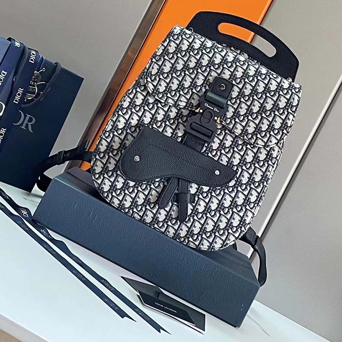 Dior Unisex CD Gallop Backpack Beige Black Oblique Jacquard Black Grained Calfskin