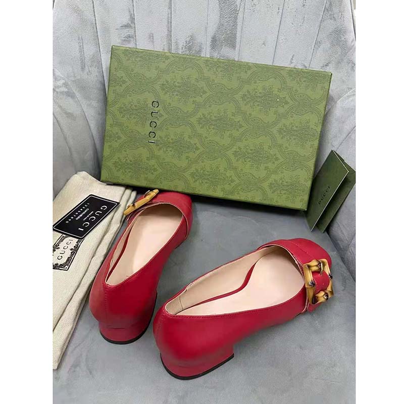 Gucci GG Women Ballet Flat with Bamboo Buckle Dark Red Leather