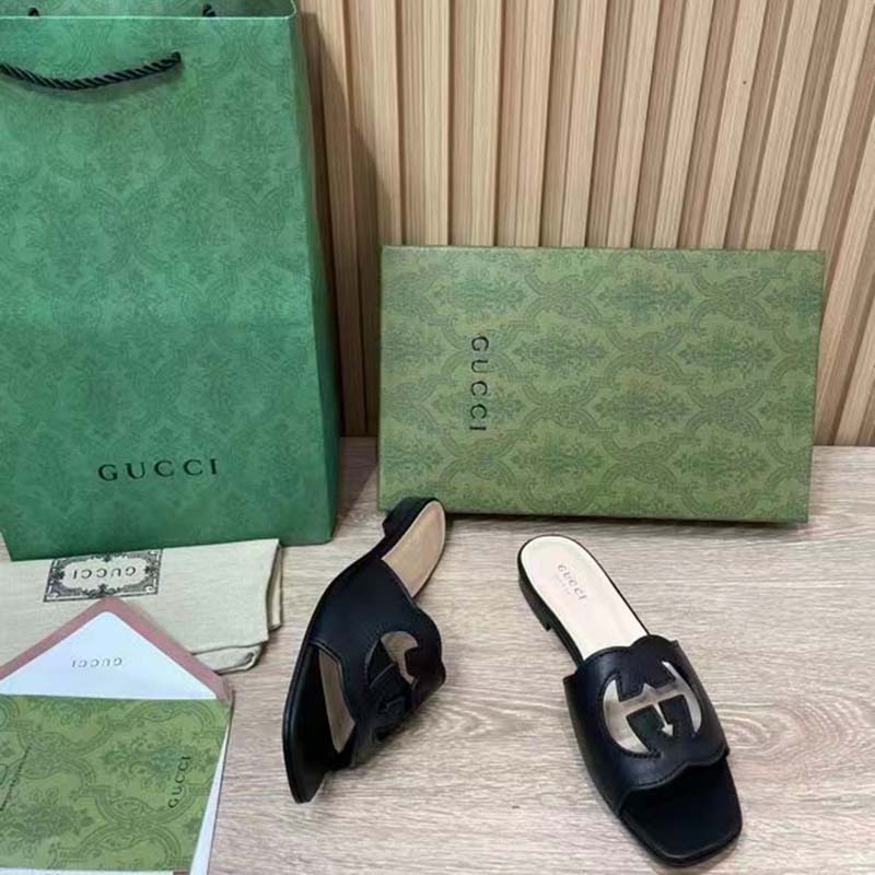 Gucci Women Interlocking G Cut Out Slide Sandal Black Leather Flat