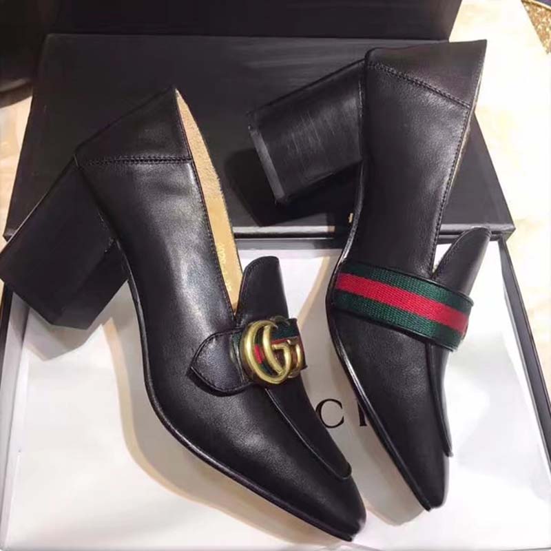 Gucci Women Leather Mid-Heel Loafer Shoes-Black